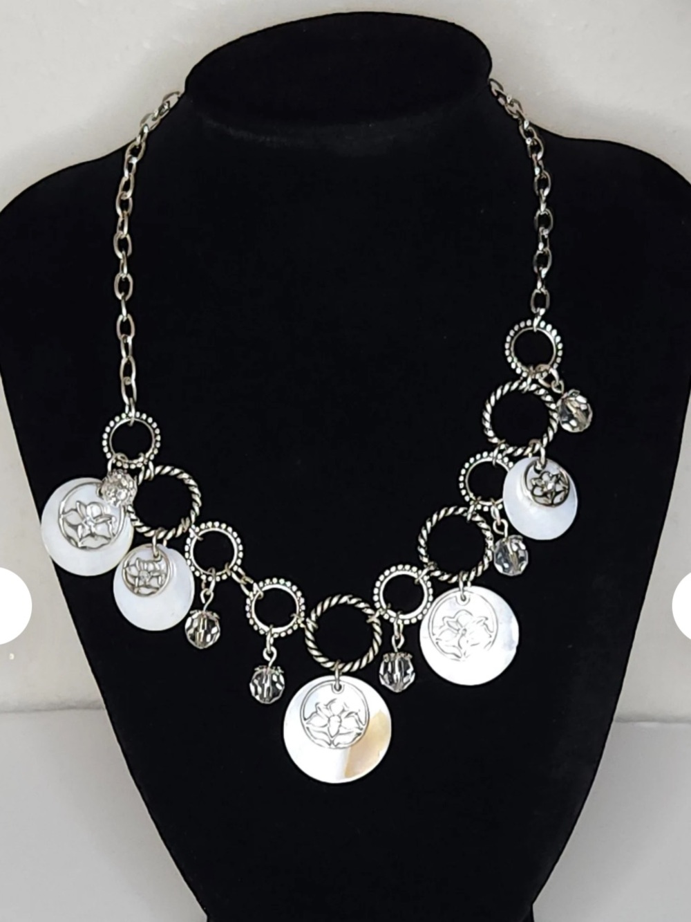 54. Avon Silver-Tone Necklace with Pearlescent Discs and Crystal Drops